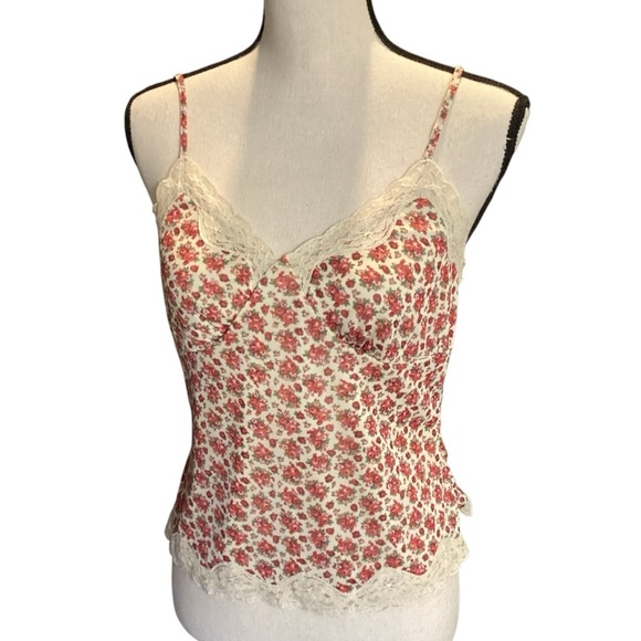 Vintage 90s Express Spaghetti Strap Floral Print Silky Tank Lace Trim Large - Picture 1 of 12
